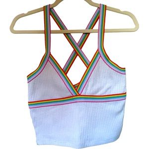 Forever 21 Small White Rainbow Strap Crop Top with Criss Cross Back Pride V Neck